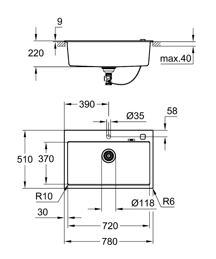 Композитная мойка Grohe, K700 80-C 78, черный гранит (31652AT0)