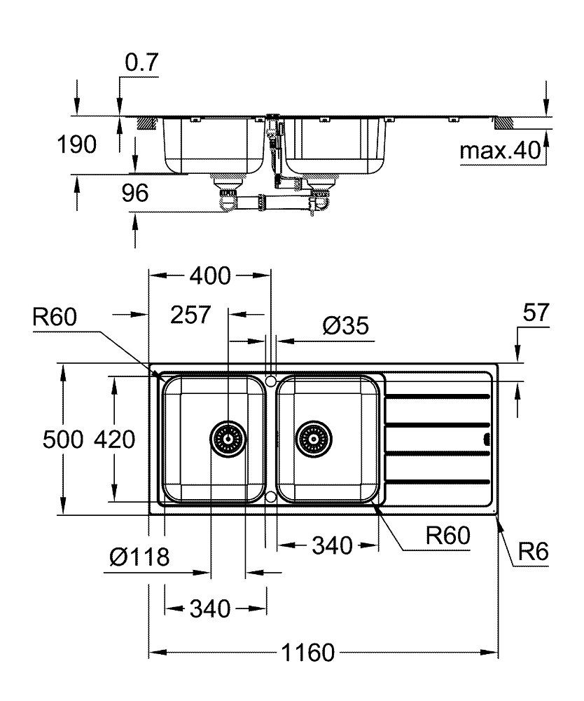 Композитная мойка Grohe, K500 80-C 116, черный гранит (31588SD1)