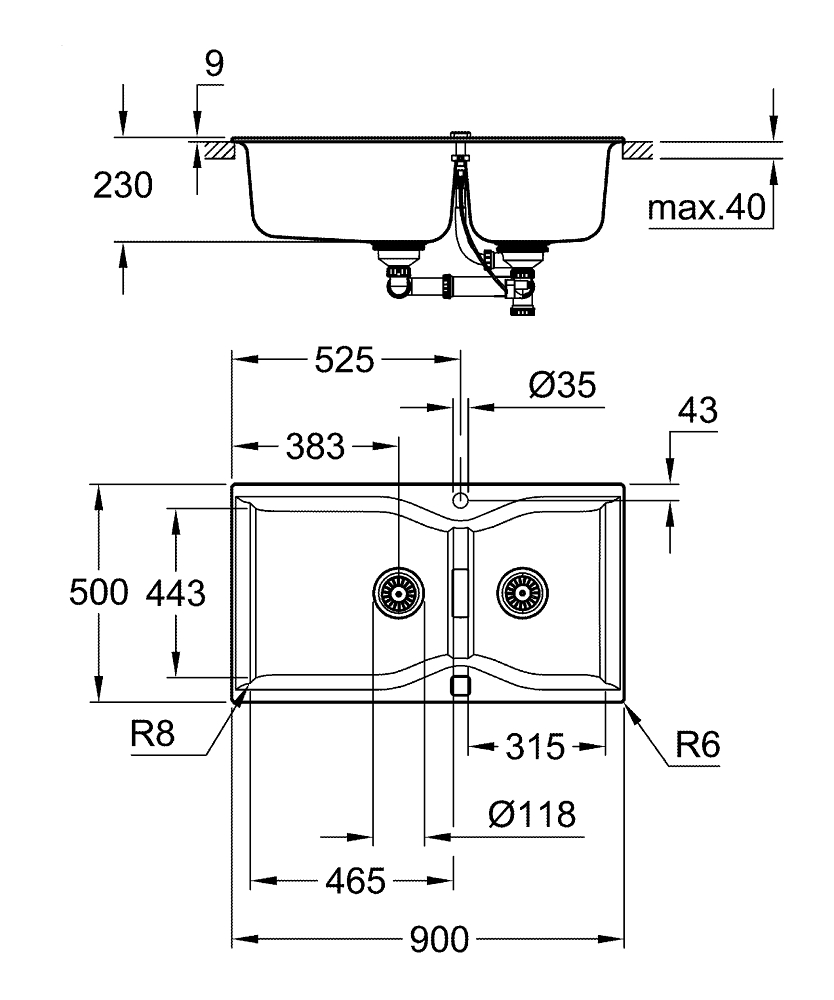 Композитная мойка Grohe, K700 90-C 90, черный гранит (31658AT0)