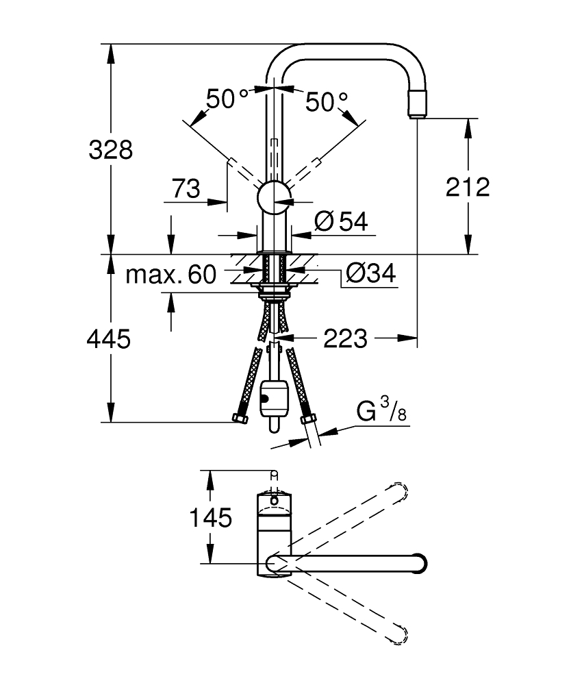 Смеситель для мойки Grohe, Vento, Хром, U-излив, выдвижной (30435000)