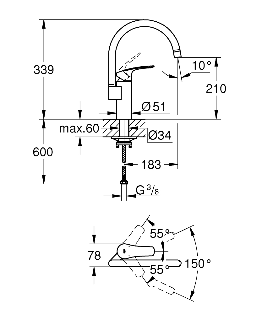 Смеситель для мойки Grohe, Via, Хром, С-излив (33222000)