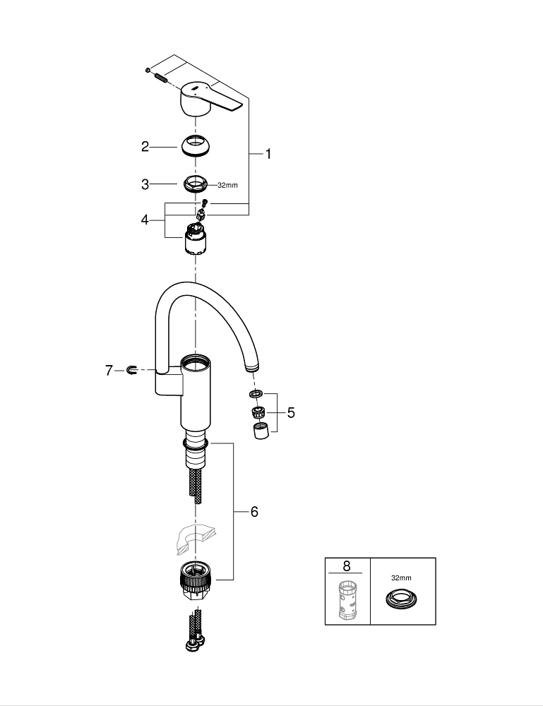 Смеситель для мойки Grohe, Via, Хром, С-излив (33222000)