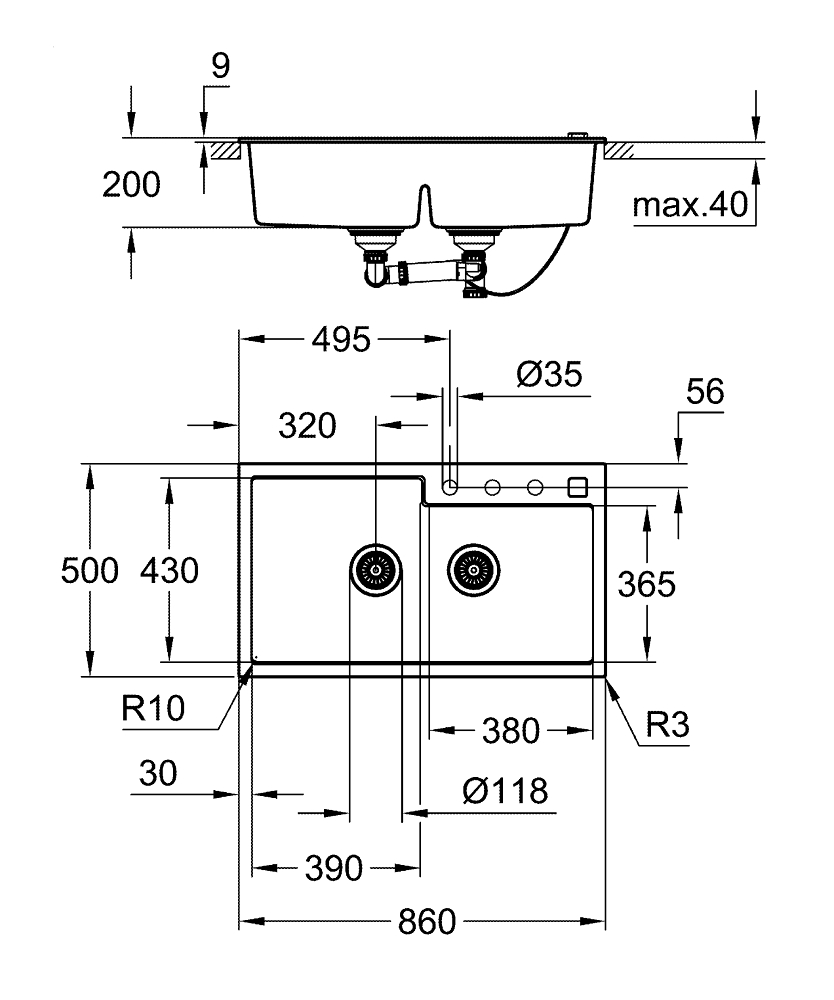 Композитная мойка Grohe, K500 90-C 86, черный гранит (31649AT0)