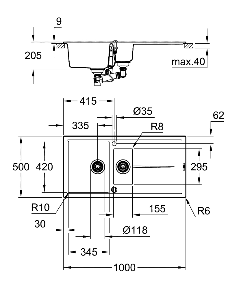 Композитная мойка Grohe, K400 60-C 100/50, черный гранит (31642AT0)