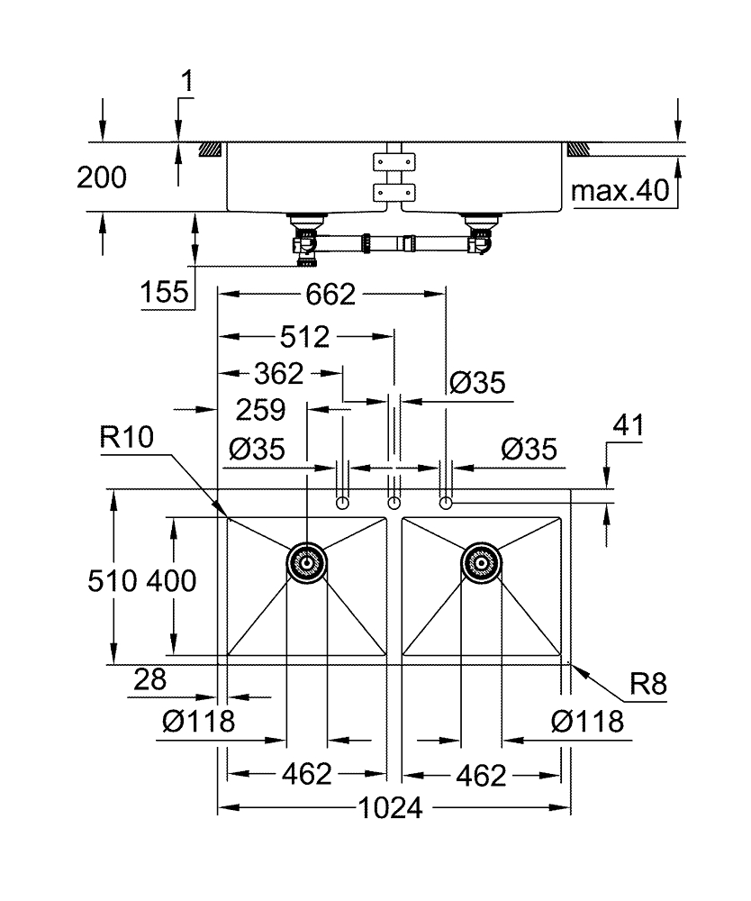 Мойка из нержавеющей стали Grohe, K800 120-S, 102,4/56 (31585SD1)