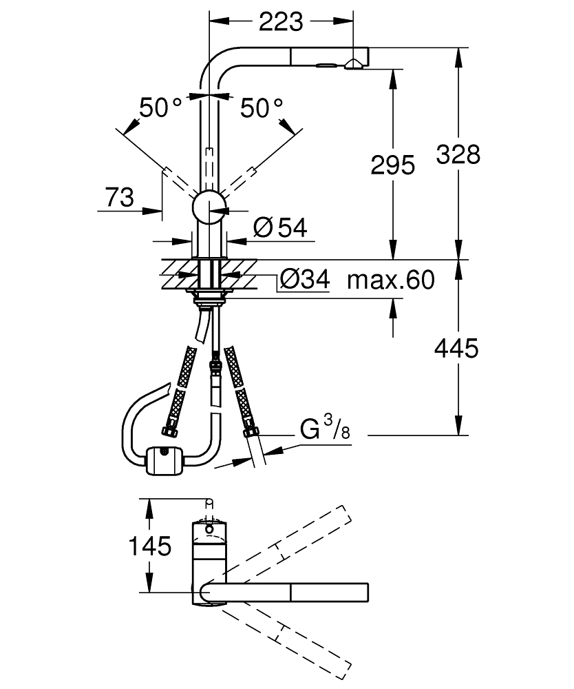 Смеситель для мойки Grohe, Vento, Хром, L-излив, выдвижной (30437000)