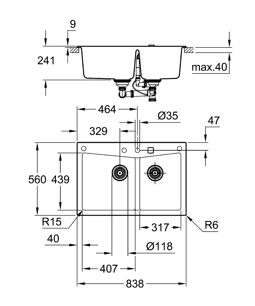 Композитная мойка Grohe, K500 90-C 83,8, черный гранит (31657AT0)