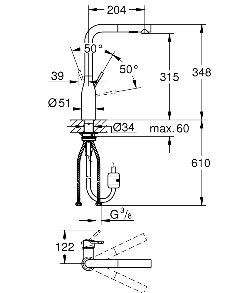 Смеситель для мойки Grohe, Accent, Суперсталь, L-излив, выдвижной (30432DC0)