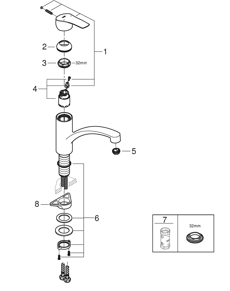 Смеситель для мойки Grohe, Via, Cуперсталь, низкий-излив (30465DC0)