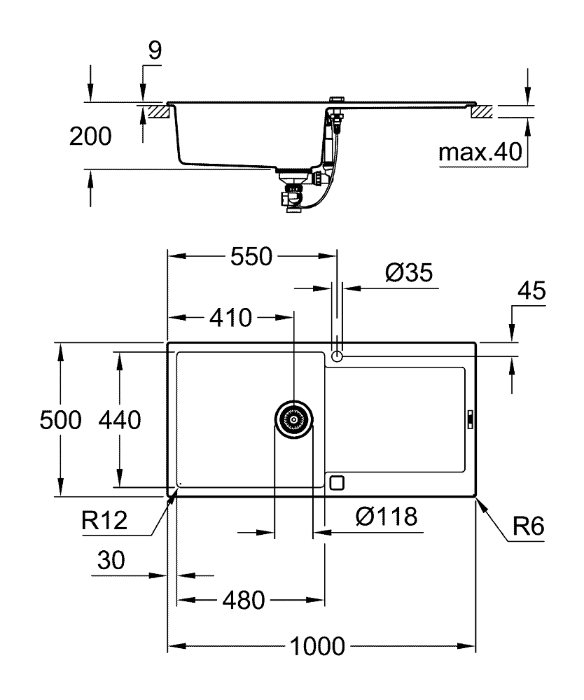 Композитная мойка Grohe, K500 60-C 100/50, черный гранит (31645AT0)